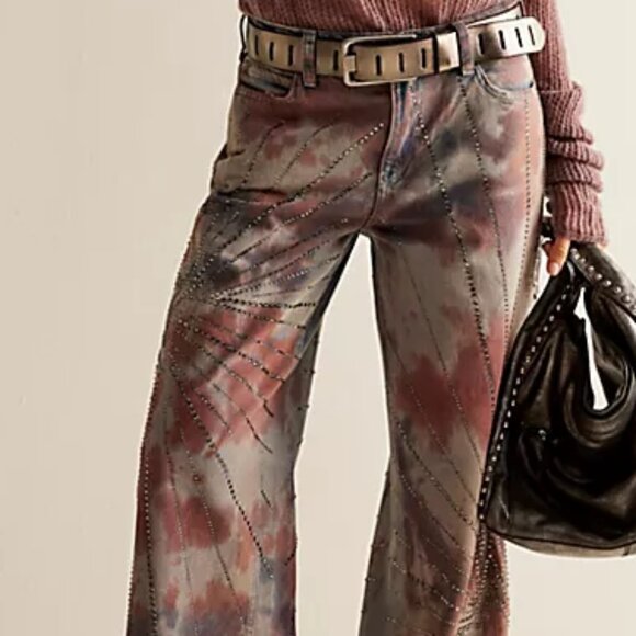 FREE PEOPLE / WE THE FREE MS SZ 25 AURORA MID-RISE JEWELED STARLET TYE-DYE JEANS
